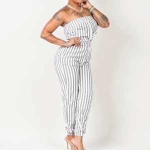 Blue and White Casual Striped Print Zipper Strapless Jumpsuit (Brand New)